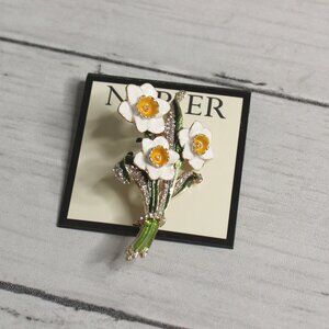 Napier Women's Brooch Fashion Pin Enamel White Yellow Daffodil Flowers